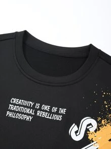 Manfinity Men Slogan Graphic Sweatshirt & Drawstring Waist Sweatpants - Black - View 7