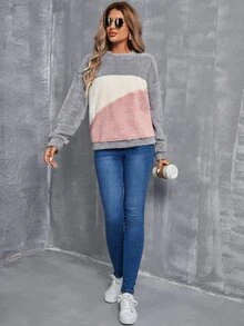 SHEIN LUNE Pullover teddy de color combinado de hombros caídos - Multicolor - Ver 6