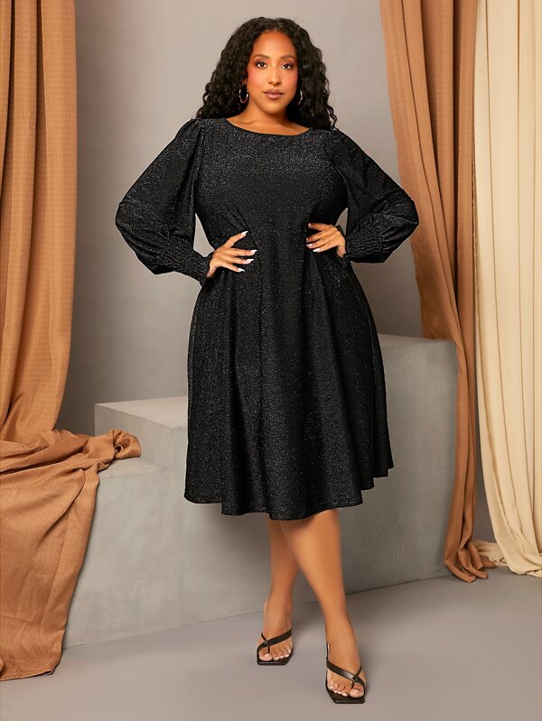 SHEIN CURVE+ Plus Solid Bishop Sleeve Glitter Dress
