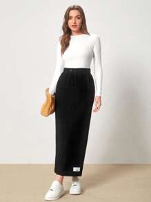 Mulvari Falda con detalle de parche y cintura con cordón - Negro - Ver 3