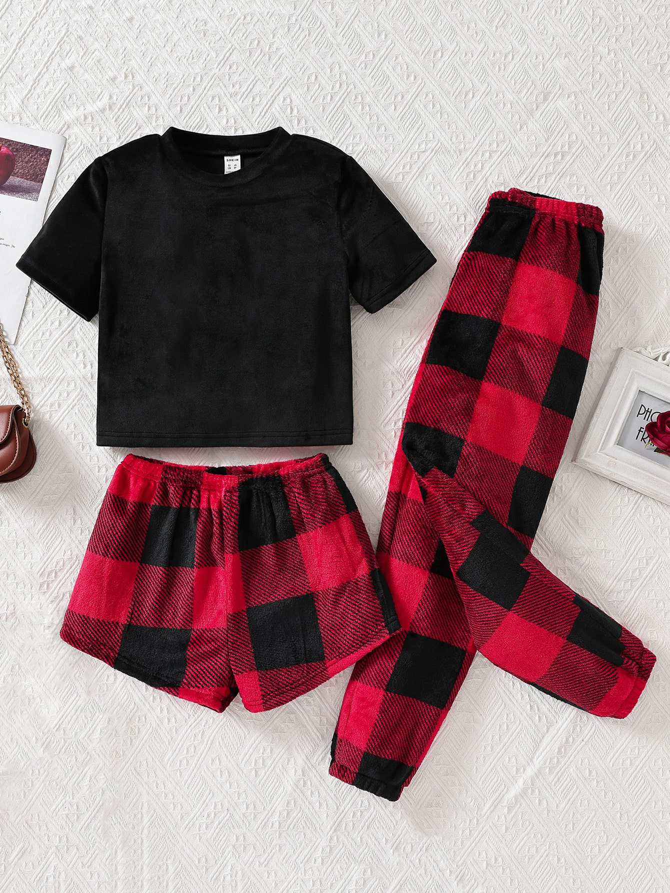 Da ragazze maglietta monocolore quadrettoni shorts e pantaloni set