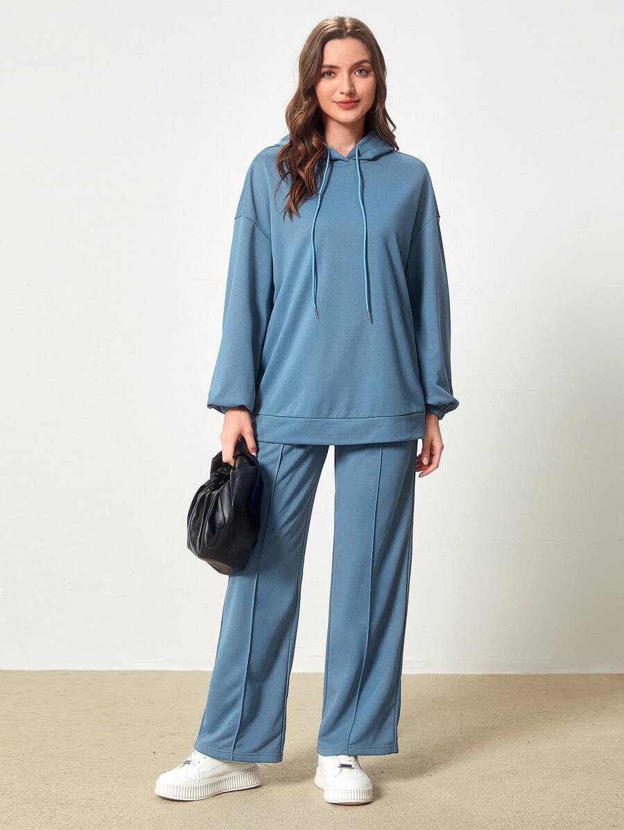 Mulvari 字母貼布落肩袖抽繩連帽衫和褲子 - 霧霾藍 - 查看 1