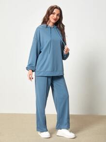 Mulvari 字母貼布落肩袖抽繩連帽衫和褲子 - 霧霾藍 - 查看 3