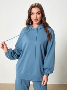 Mulvari 字母貼布落肩袖抽繩連帽衫和褲子 - 霧霾藍 - 查看 4