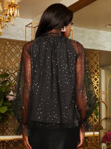 SHEINNeu Ruffle Neck Flounce Sleeve Mesh Blouse - Black - View 2