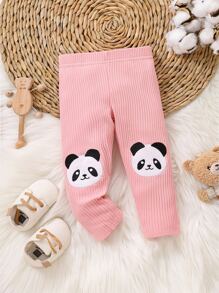 Bebé Leggings panda con bordado tejido de canalé - Rosa - Ver 1