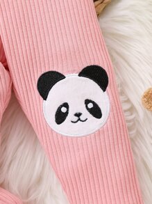 Bebé Leggings panda con bordado tejido de canalé - Rosa - Ver 3