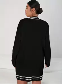 SHEIN Unity Plus Cable Knit Contrast Trim Drop Shoulder Sweater Dress - Black - View 2