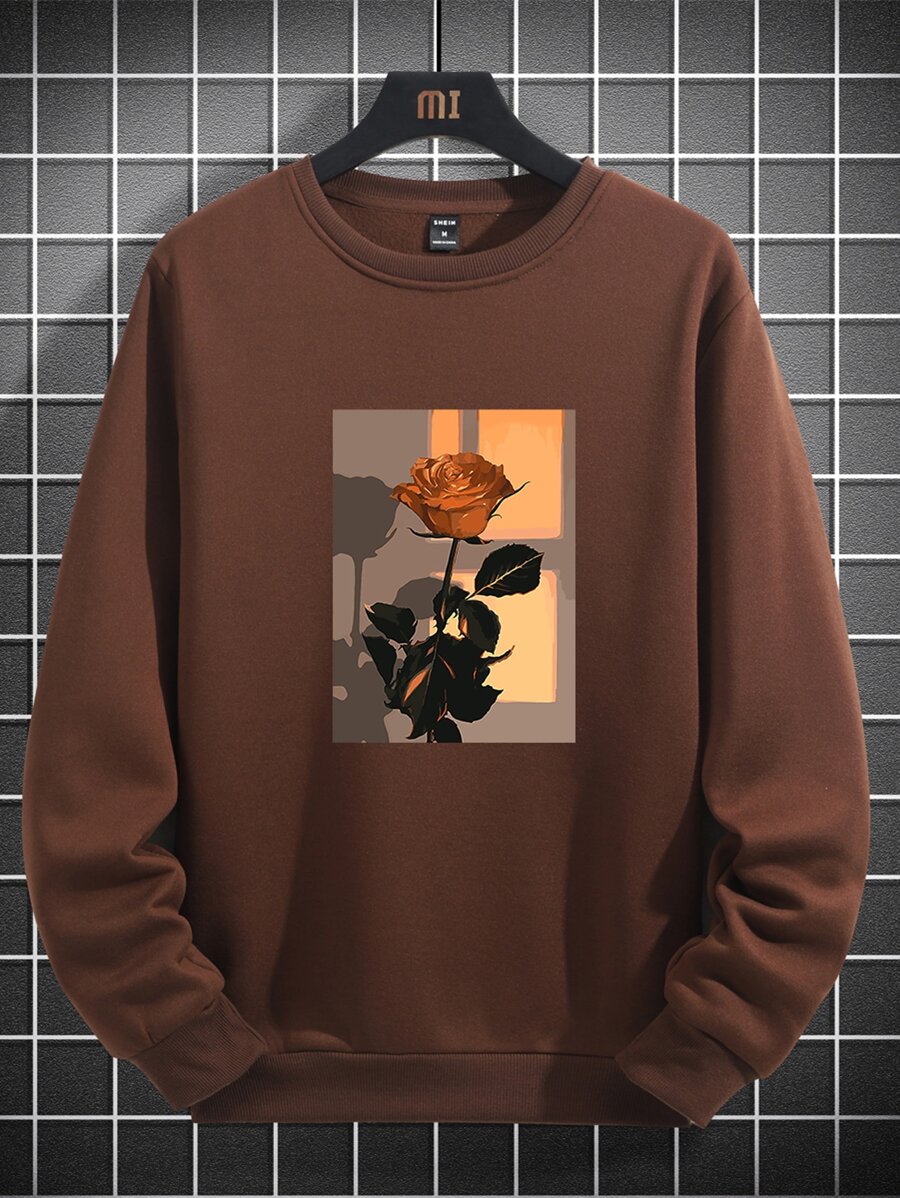 Manfinity Homme Loose Fit Men's Floral Print Thermal Sweatshirt - Coffee Brown - View 1