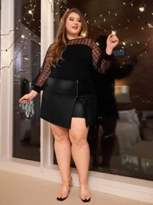 SHEIN CURVE+ Plus High Waist Zip Front PU Leather Skort - Black - View 6