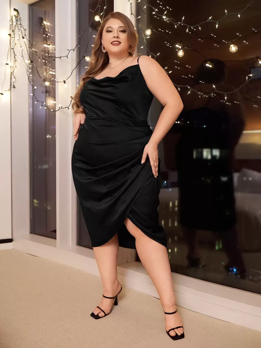 SHEIN CURVE+ Plus Draped Wrap Hem Cami Dress - Black - View 1
