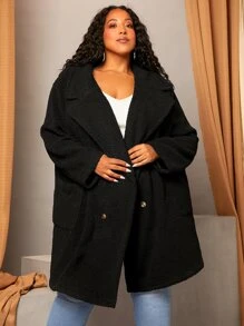 SHEIN CURVE+ Plus Double Breasted Teddy Coat - Black - View 2