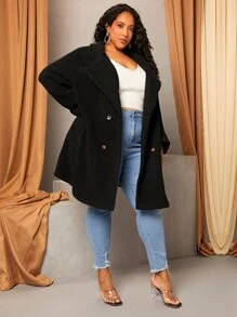 SHEIN CURVE+ Plus Double Breasted Teddy Coat - Black - View 1