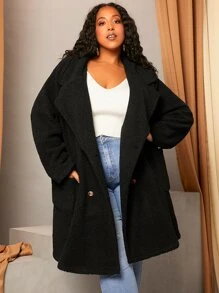 SHEIN CURVE+ Plus Double Breasted Teddy Coat - Black - View 4