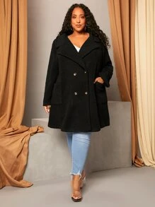 SHEIN CURVE+ Plus Double Breasted Teddy Coat - Black - View 5