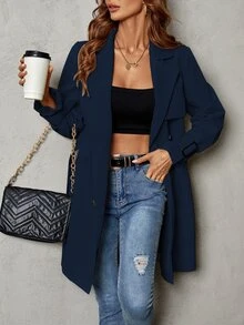 SHEIN Privé 雙排釦西裝領腰帶風衣外套