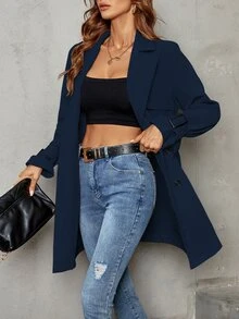 SHEIN Privé 雙排釦西裝領腰帶風衣外套