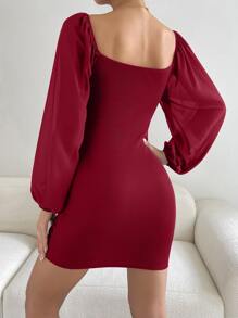 Chiquease 十字交叉鏤空燈籠袖褶邊緊身連衣裙 - 酒紅色 - 查看 2