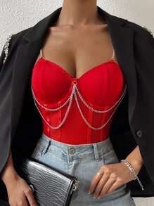 SHEIN Allurite Body de tirantes con diseño de cadena bustier de malla - Rojo - Ver 1