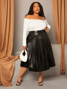 SHEIN CURVE+ 大碼高腰PU皮革百褶半身裙 - 黑色 - 查看 6