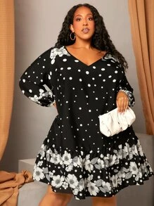 SHEIN CURVE+ Plus Polka Dot & Floral Print Lantern Sleeve Ruffle Hem Dress - Black - View 3