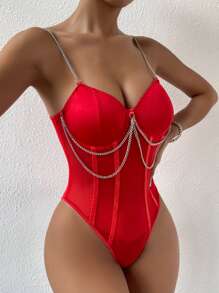 SHEIN Allurite Body de tirantes con diseño de cadena bustier de malla - Rojo - Ver 5