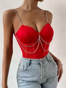 SHEIN Allurite Body de tirantes con diseño de cadena bustier de malla - Rojo - Ver 6