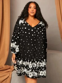 SHEIN CURVE+ Plus Polka Dot & Floral Print Lantern Sleeve Ruffle Hem Dress - Black - View 5