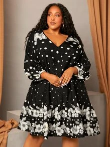 SHEIN CURVE+ Plus Polka Dot & Floral Print Lantern Sleeve Ruffle Hem Dress - Black - View 1