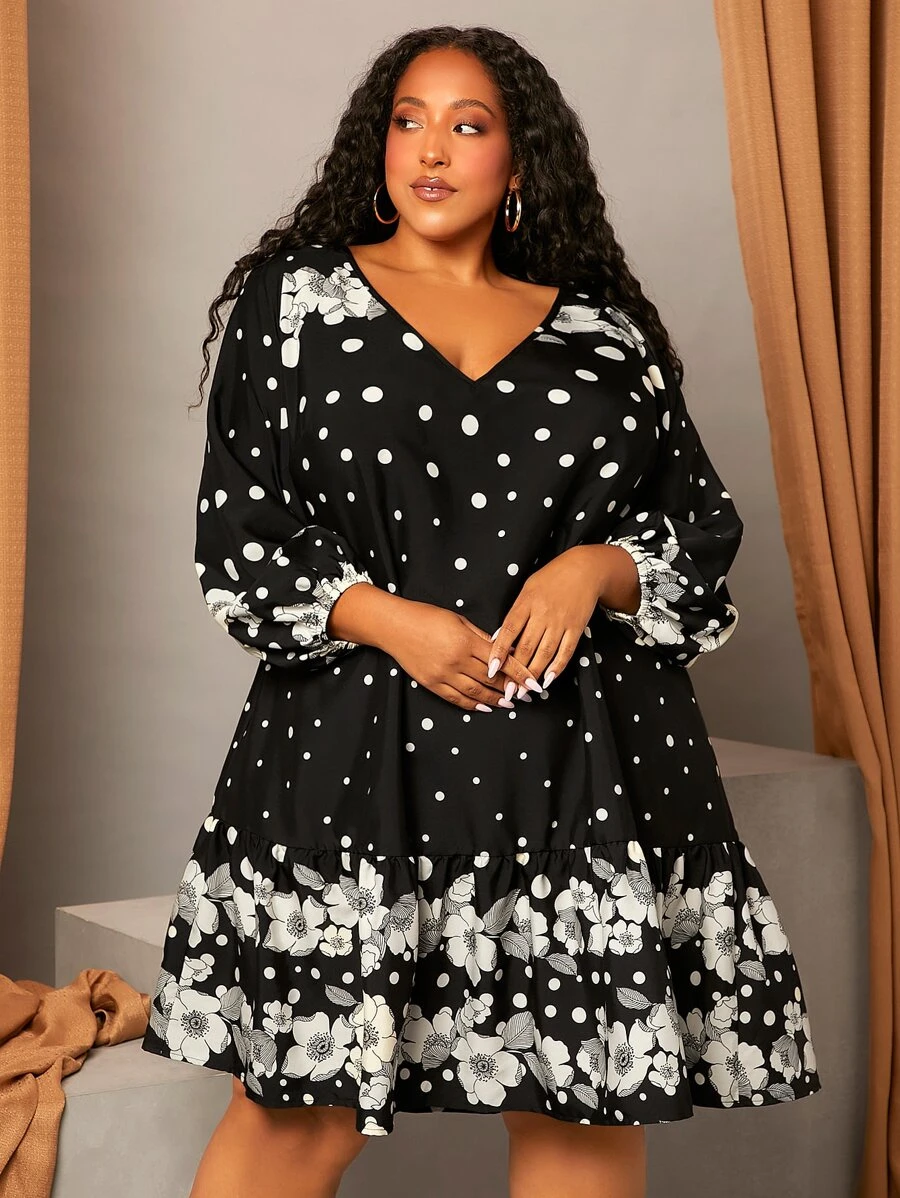 SHEIN CURVE+ Plus Polka Dot & Floral Print Lantern Sleeve Ruffle Hem Dress - Black - View 1