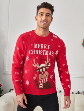 Manfinity ModaGents Hombres 1 pieza Jersey con patrón de navidad divertida alce & copo de nieve