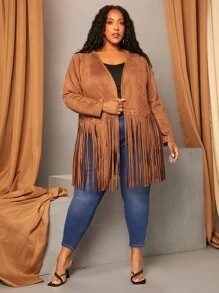 SHEIN CURVE+ Plus Fringe Hem Open Front Studded Faux Suede Coat - Brown - View 4