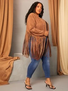 SHEIN CURVE+ Plus Fringe Hem Open Front Studded Faux Suede Coat - Brown - View 1