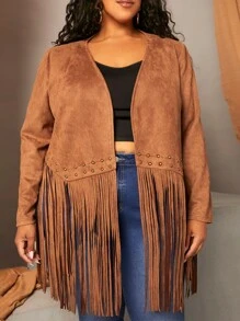 SHEIN CURVE+ Plus Fringe Hem Open Front Studded Faux Suede Coat - Brown - View 5