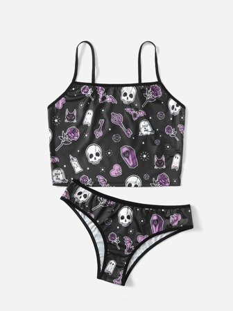 Skull & Floral Print Lingerie Set