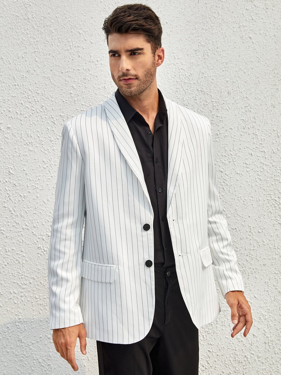 Manfinity Men Striped Shawl Collar Blazer - White - View 1
