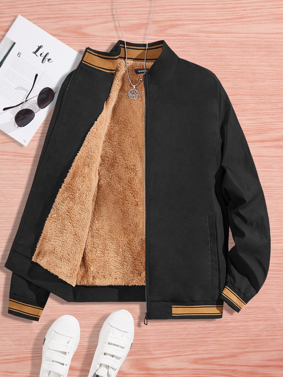 Manfinity VCAY 宽松男式泰迪内衬拉链休闲夹克，长袖 - 黑色 - 查看 1