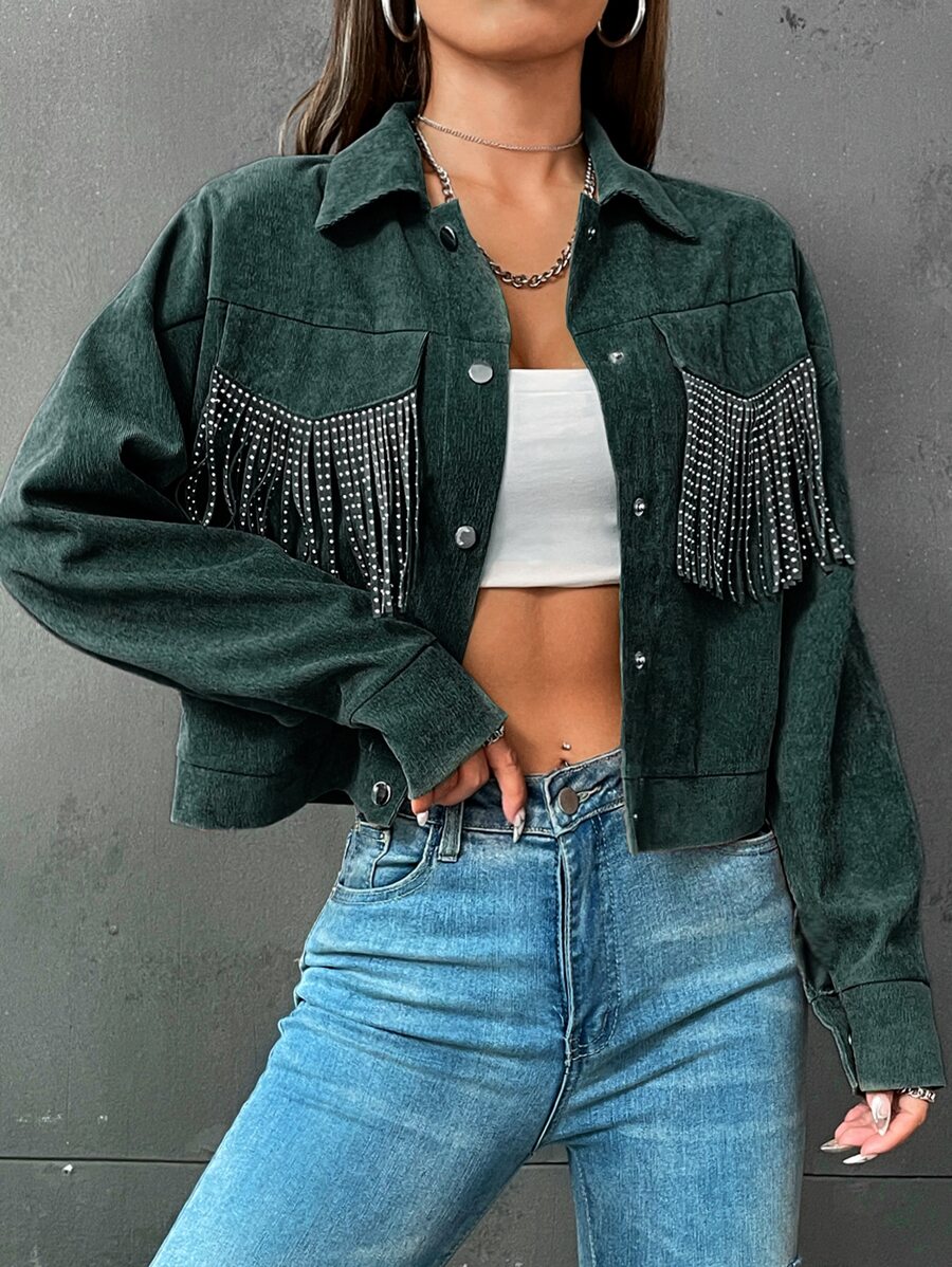 SHEIN Unity Fringe Trim Drop Shoulder Crop Jacket - Dark Green - View 1