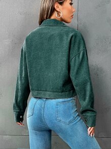 SHEIN Unity Fringe Trim Drop Shoulder Crop Jacket - Dark Green - View 2