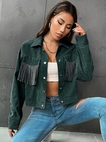 SHEIN Unity Fringe Trim Drop Shoulder Crop Jacket - Dark Green - View 4