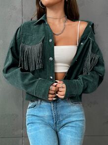 SHEIN Unity Fringe Trim Drop Shoulder Crop Jacket - Dark Green - View 5