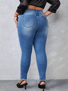 Plus High Waist Ripped Raw Cut Skinny Jeans - Medium Wash - View 2
