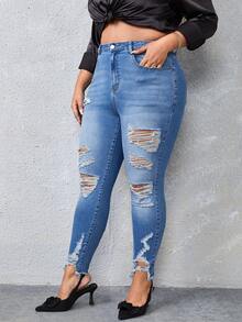 Plus High Waist Ripped Raw Cut Skinny Jeans - Medium Wash - View 3