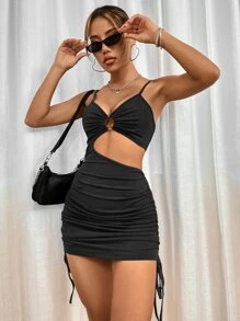 SHEIN Unity Ring Linked Cut Out Drawstring Cami Dress - Black - View 3
