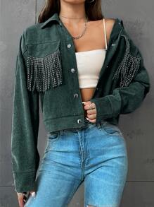SHEIN Unity Fringe Trim Drop Shoulder Crop Jacket - Dark Green - View 6