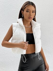 SHEIN PETITE Zip  Vest Coat - White - View 1
