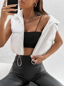 SHEIN PETITE Zip  Vest Coat - White - View 3