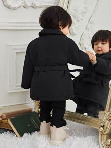 SHEIN 嬰兒雙口袋西裝領腰帶外套 - 黑色 - 查看 2