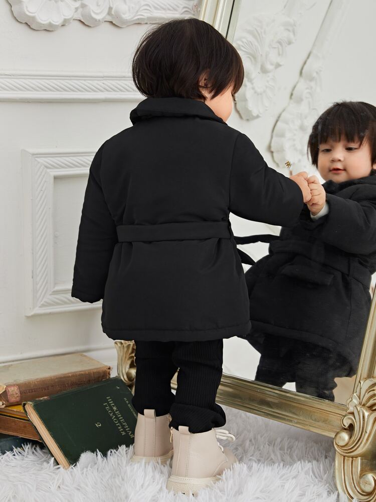 Baby Double Pocket Lapel Neck Belted Coat