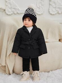SHEIN 嬰兒雙口袋西裝領腰帶外套 - 黑色 - 查看 3